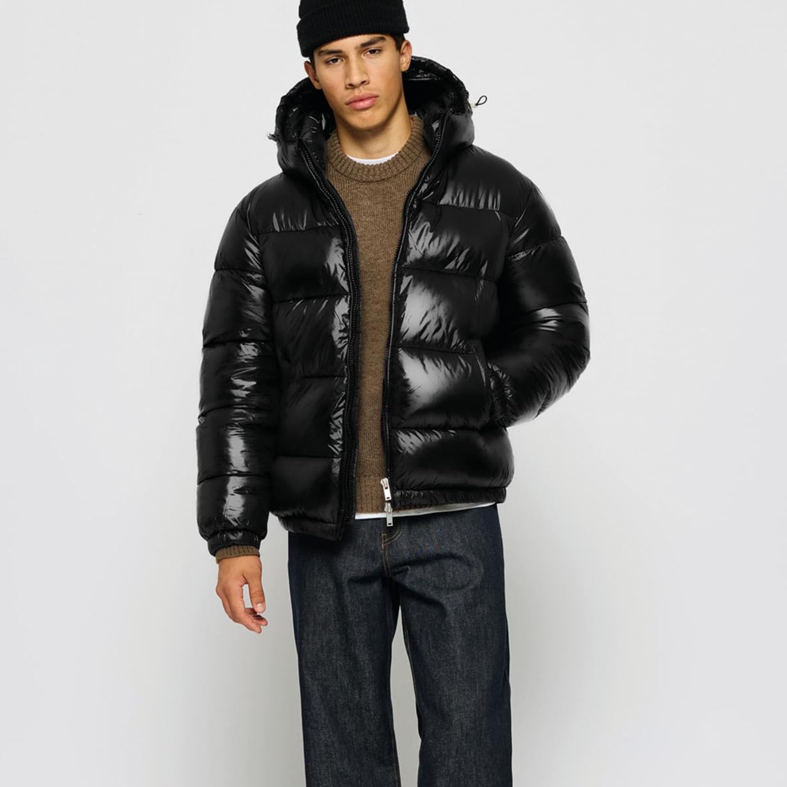 Piumino da uomo con cappuccio staccabile, cappotto invernale ampio, tasche interne e gilet liscio "giù" giù" cappotto bolla oversize streetwear caldo con cappuccio Slick Shell