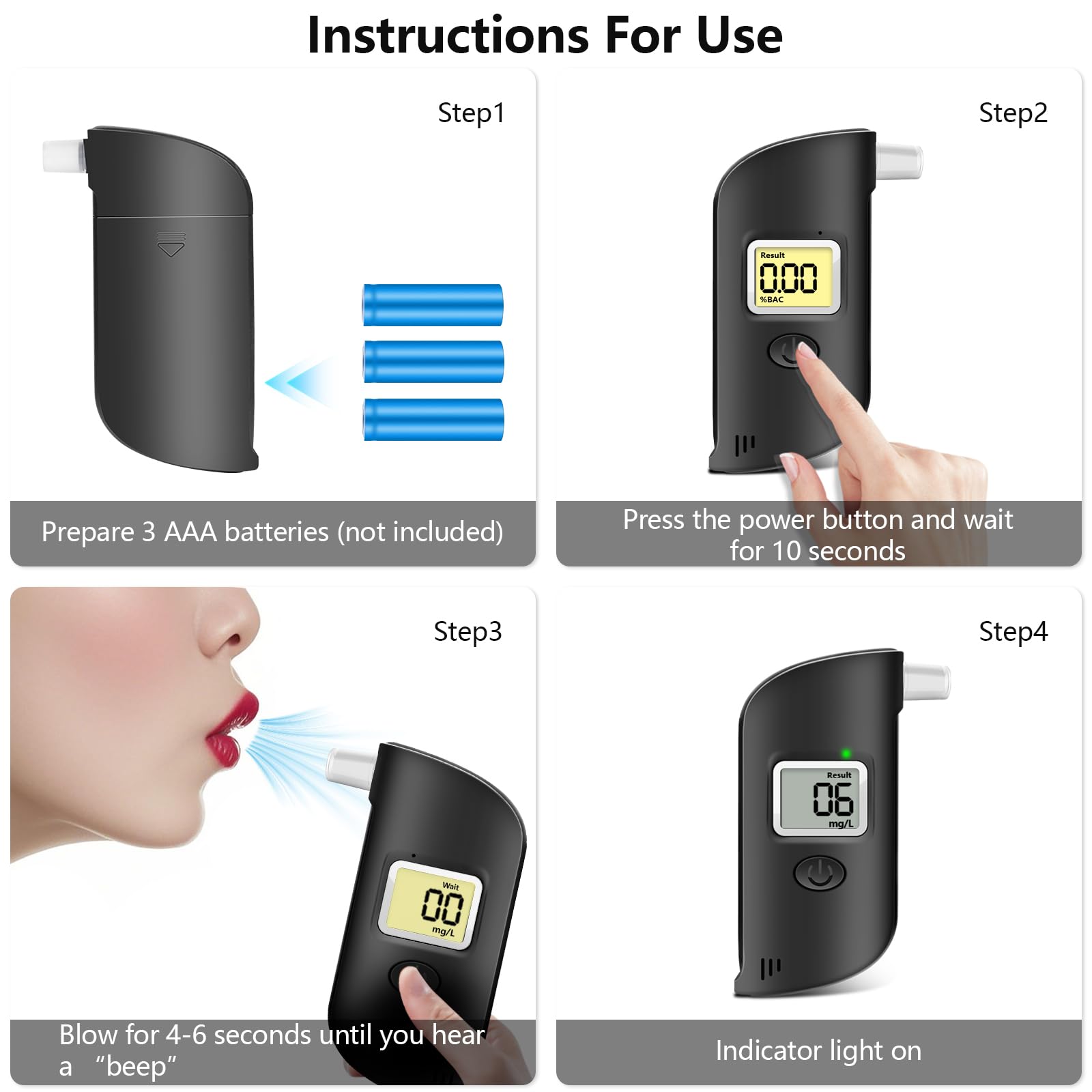 AiQInu Alcoholimetro Homologado Profesional, con Pantalla Digital LCD y 20 Boquillas,Precisión de Grado, Alcolimetros Personal para Uso Doméstico y Profesional - Negro