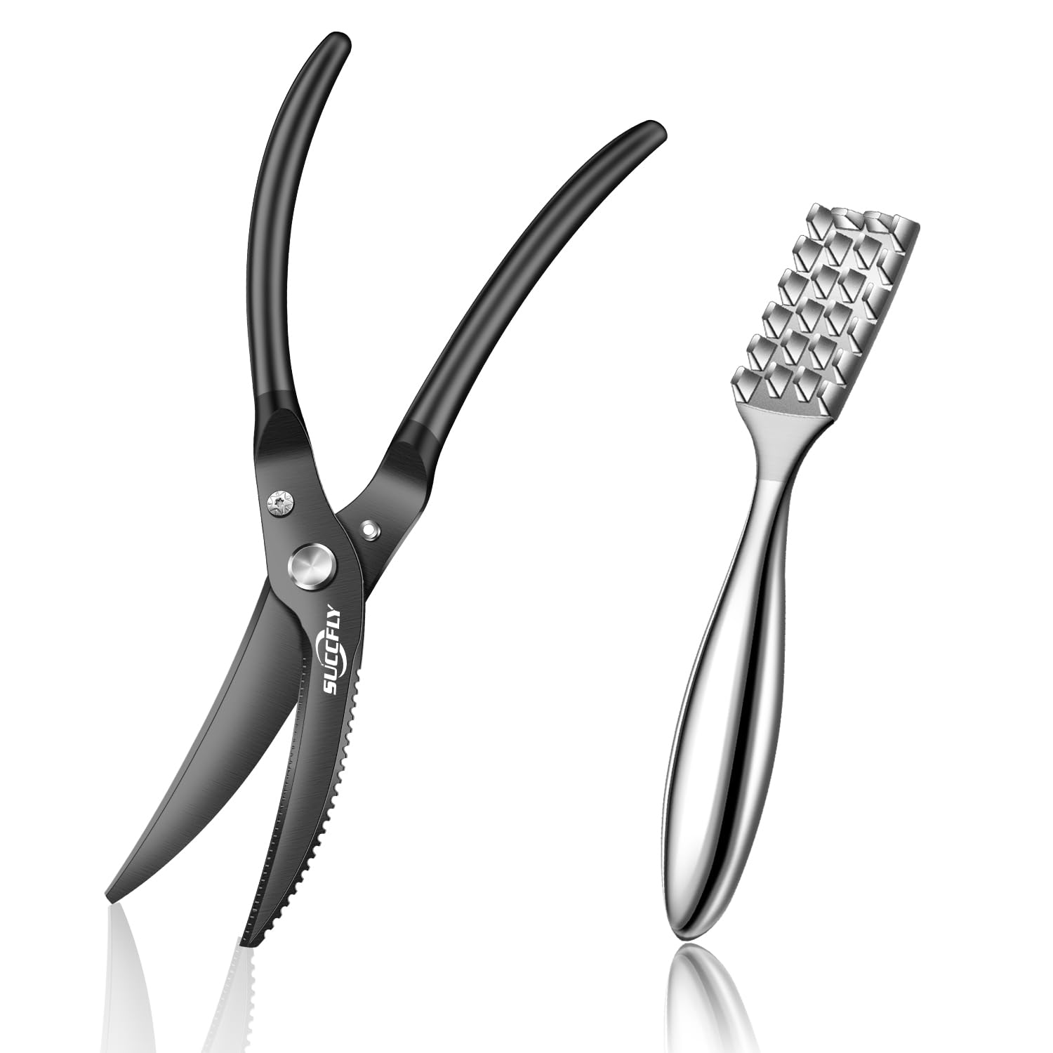 SUCCFLY Premium Kitchen Tool Kit, Heavy Duty Kitchen Scissors + Wedge-shaped Sawtooth Fish Scaler, Food Grade Stainless Steel Ergonomic Design, Extremely Durable