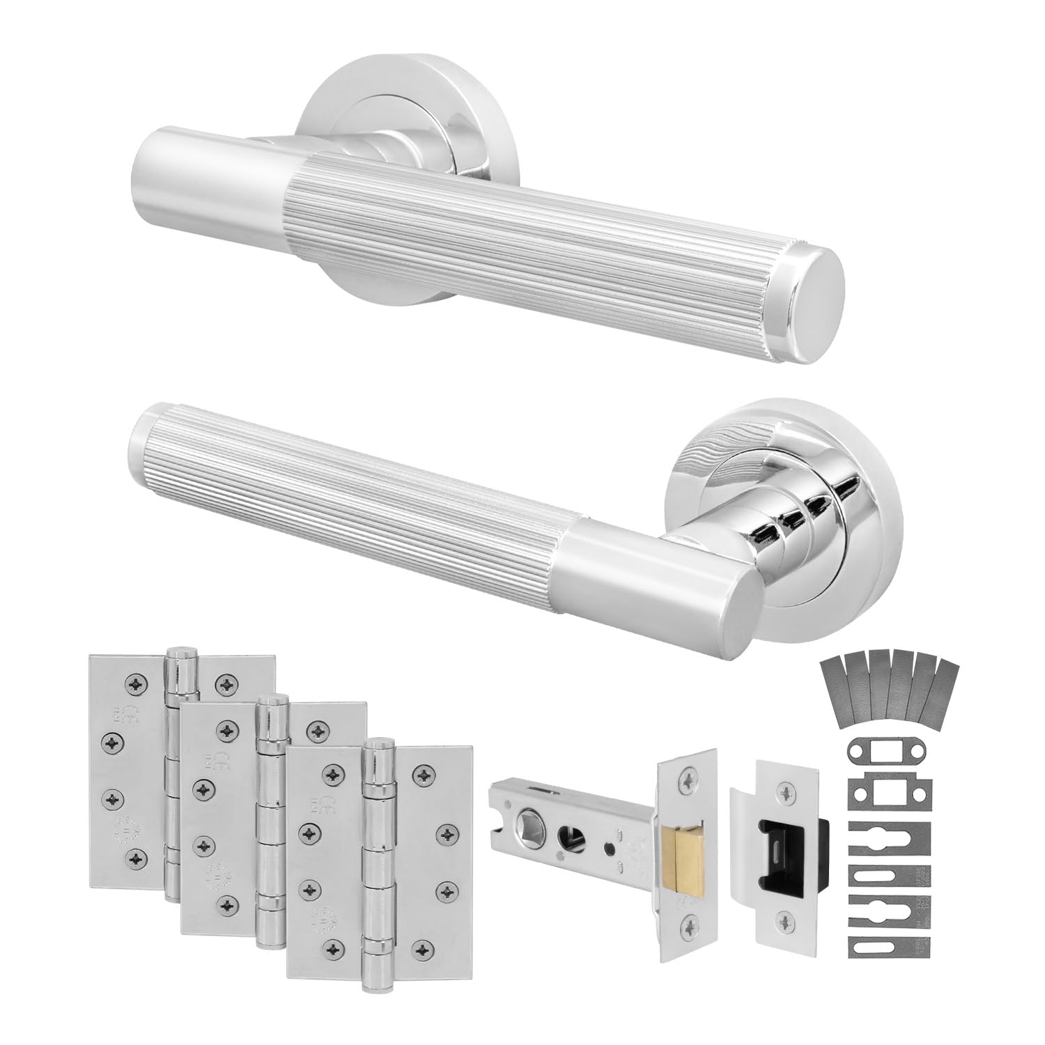 EAI Chrome Fire Door Handle Latch Set, Polished Chrome Internal Fire Rated Door Handle with 76mm Latch and 102mm Hinges, Oruro Range 1 Pack