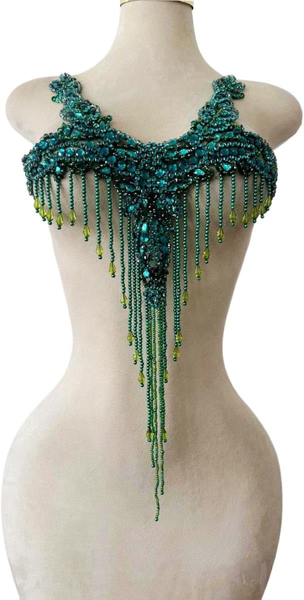 Pure Handmade Rhinestones Beads Patches Trim Bodice Applique Sewing Fringe Tassel Chain for DIY Clothing Wedding Decoration 15X19.6inches (Deepgreen)
