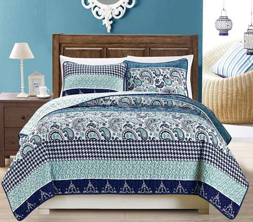 Grand Linen 3-Piece Fine Printed Oversize (100" X 95") Quilt Set Reversible Bedspread Coverlet Full/Queen Size Bed Cover (Navy Blue Paisley) #TOP23