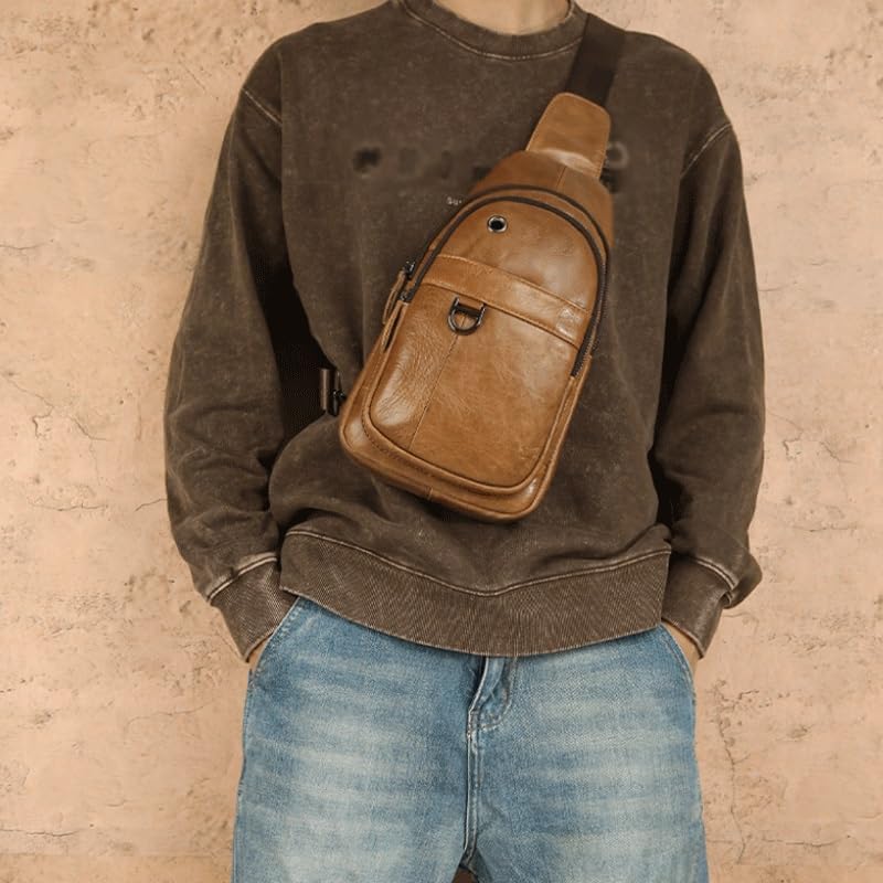 Men's Leather Chest Bag Retro Crossbody Multi Function Large Capacity Commuter