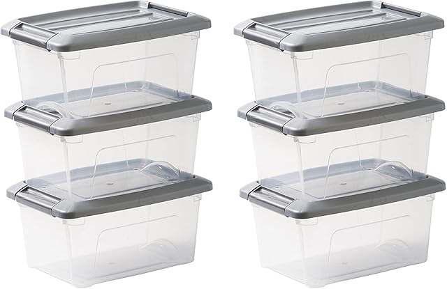 Iris Ohyama, Set of 6, Storage Boxes, 5 L, with Snap Closure, Stackable, Living Room, Bedroom, Garage - New Top Box NTB-5 - Silver