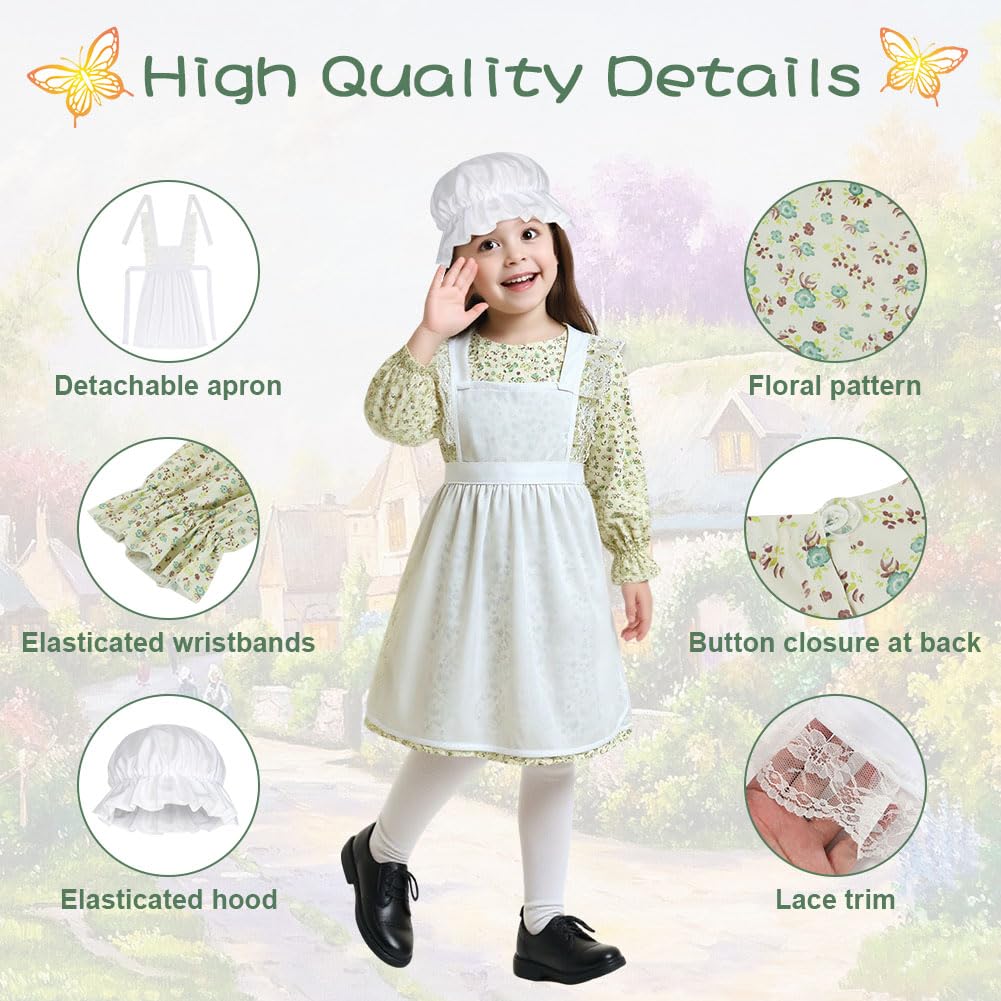Aomig Victorian Maid Costume for Girls Victorian Village Medieval Dress with Mop Cap & White Socks - Image 3