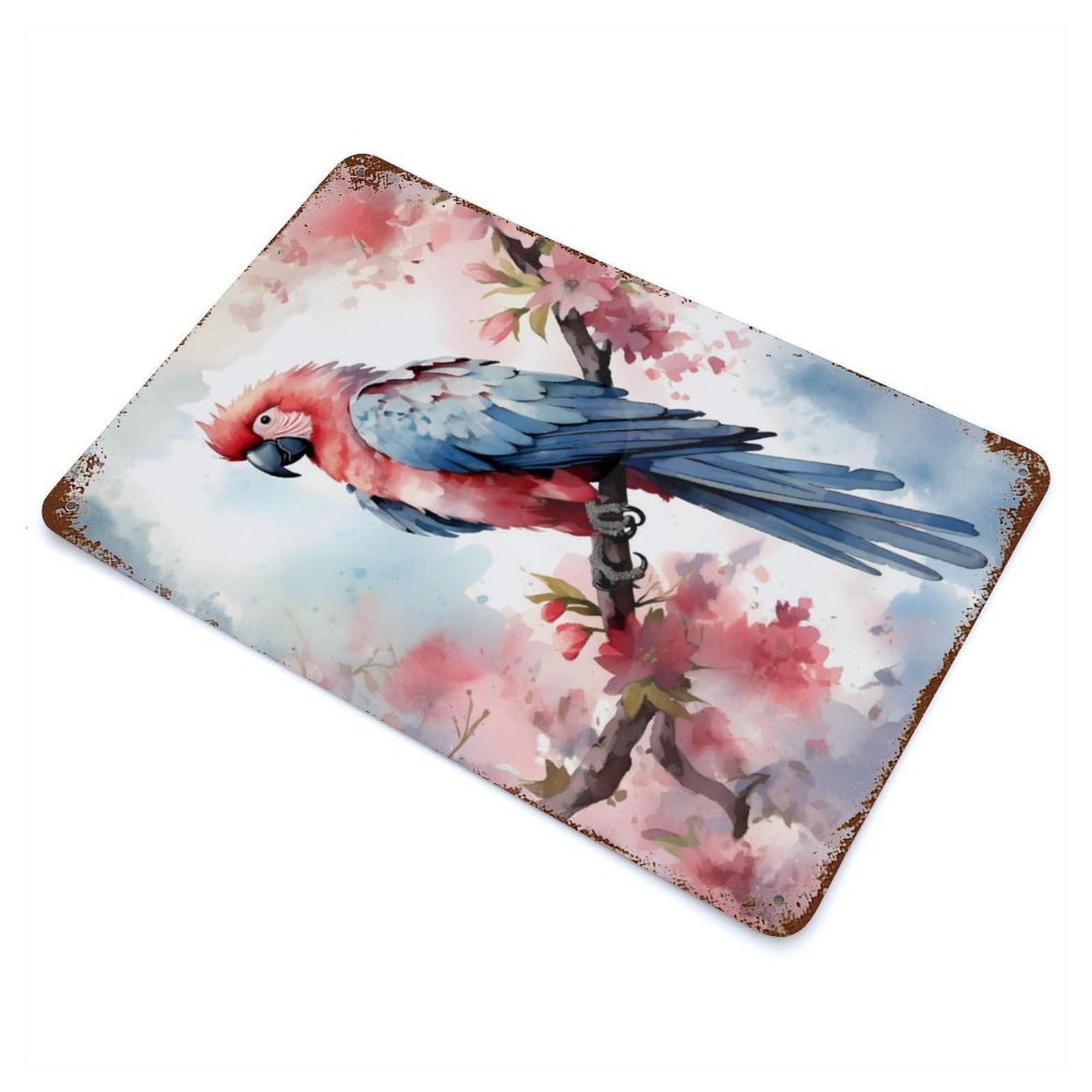 Weathered Tin Sign with Macaw Watercolor Design 11.8"x7.9", for Basement, Hobby Room And Garage Decor, Industrial Home Decor