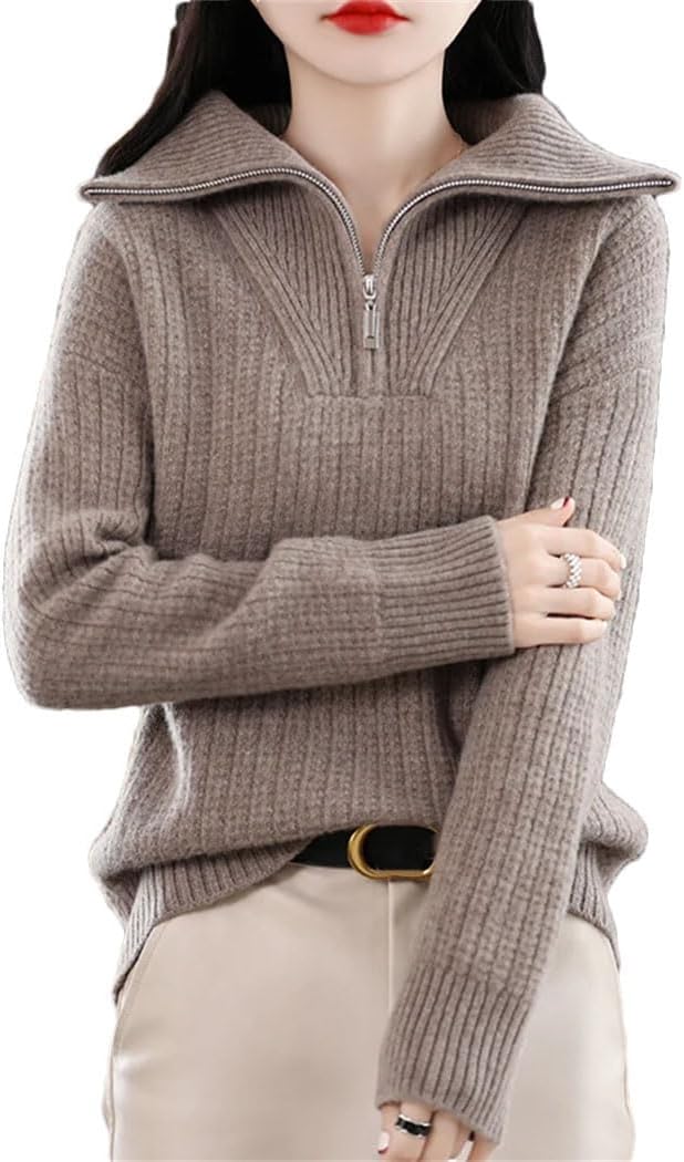Women's 100% Wool Sweater Turtleneck Zipper Loose Office Pullover Jumper Christmas Thicked Knitted Tops