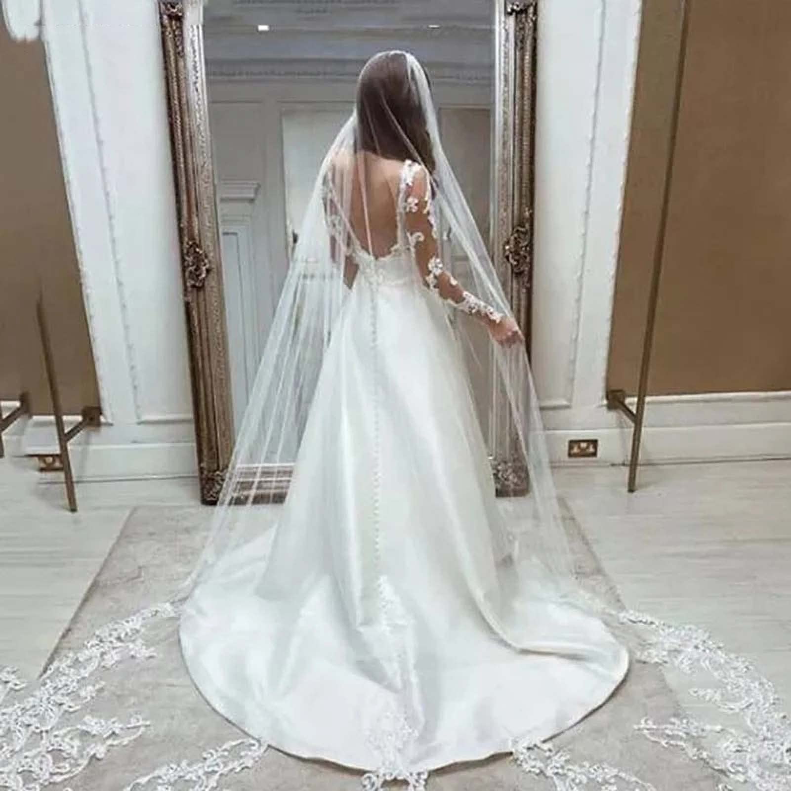 Vestido de Novia Retro de Encaje Appliques, Manga Larga, Sirena, Dama de Honor, Blanco