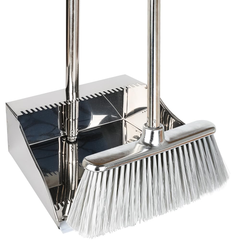 Gloffer Stainless Steel Dustpan with Brush Set,Long Handle Sweeping Broom and Heavy Duty Metal Dust Pan Indoor Outdoor for Home,Lobby,Office