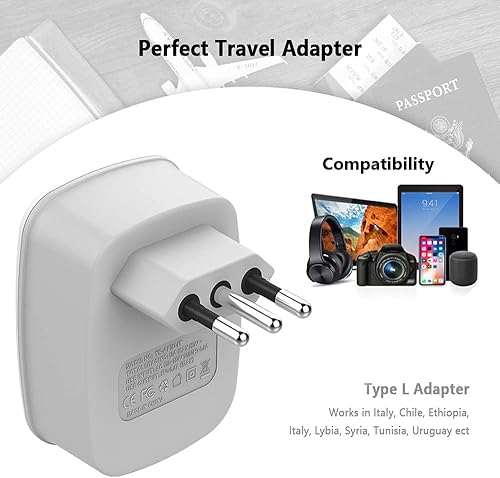 Miniatura 4 de TESSAN - Adaptador de corriente de viaje para Italia, enchufe de conexión a tierra de 3 clavijas con puertos de carga USB duales, cargador adaptador
