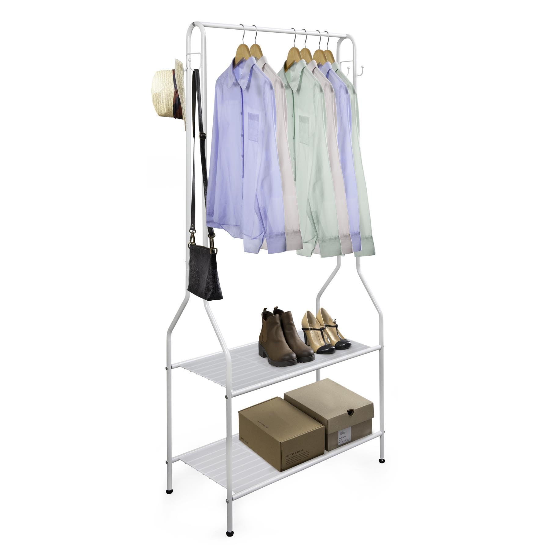 Direct Online HousewareClothes Rail with Shoe Rack & Hooks - 2 Tier Single Rail Wardrobe Replacement - Clothes Storage & Organiser - White