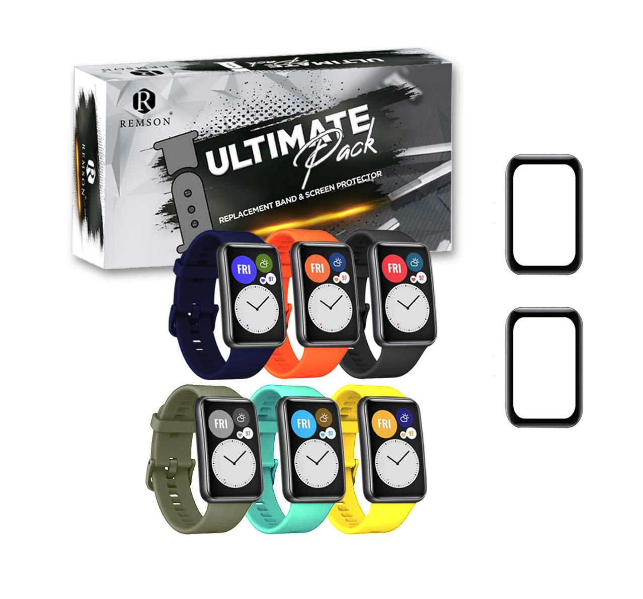 REMSONRemson Ultimate Pack of 8, Silicone Strap Band with Screen Protector Compatible With Huawei Watch Fit, Replacement Band With Screen Protector