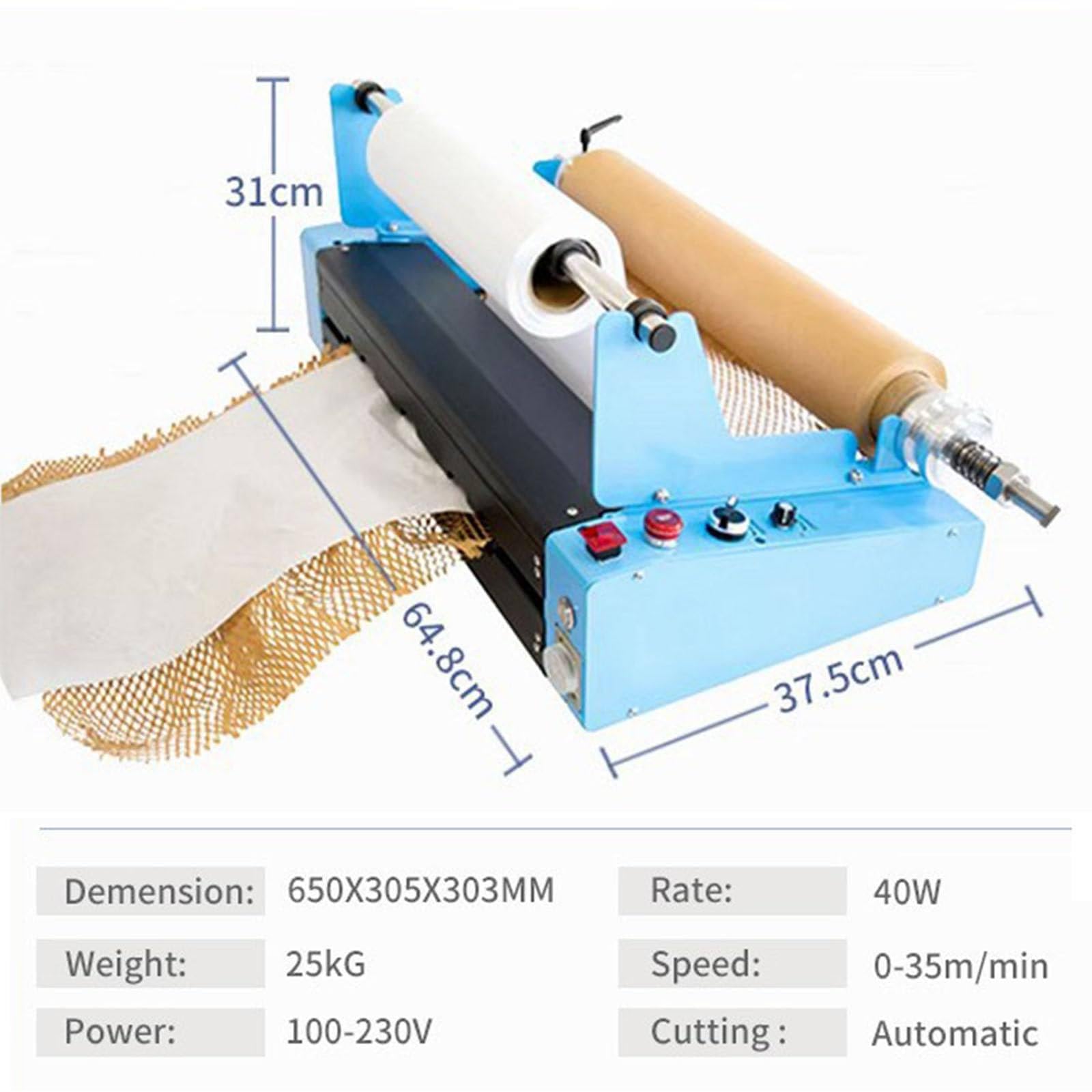 Podajnik papieru pakowego w rolce w kształcie plastra miodu, regulowany rozciąg/prędkość 0-25 m/min/automatyczne wysuwanie papieru, ręczna 65X30,5X30,3 cm