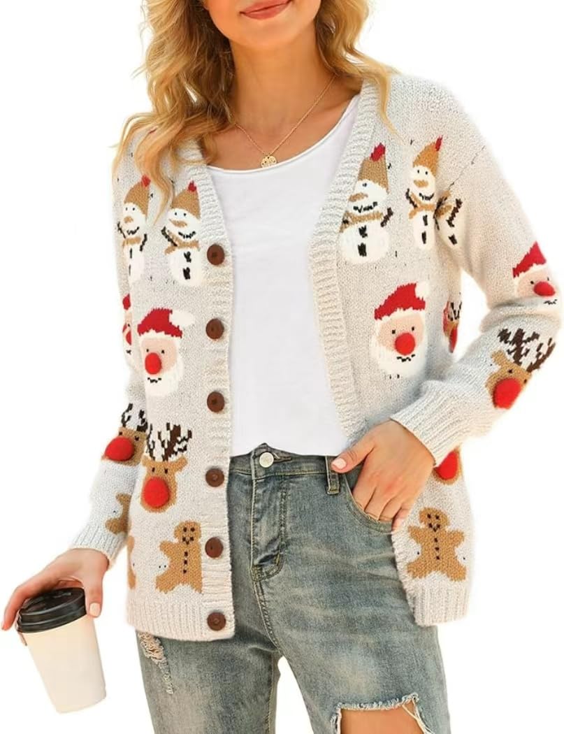 Qbily Womens V-Neck Winter Christmas Knitted Cardigan Sweater Long Sleeve Button Santa Claus Outerwear Pullover Tops