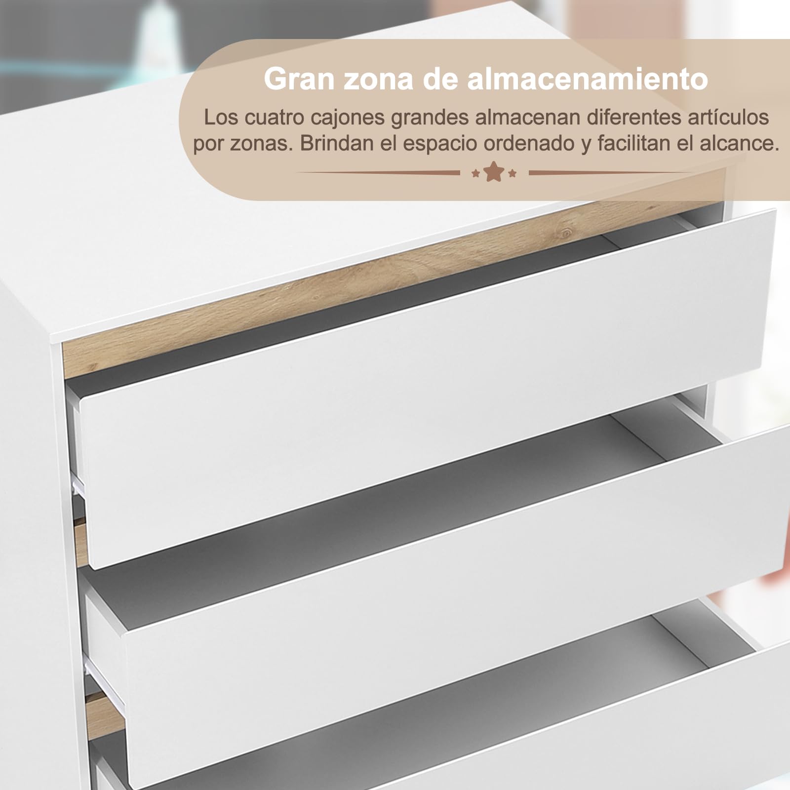 WOLTU Cambiador Bebe con 4 Cajones, Cómoda Cambiador Pañales, Cómoda para Dormitorio, Gran Almacenamiento, Fácil de Limpiar, Blanco+Roble Claro, 80x75x109,2 cm