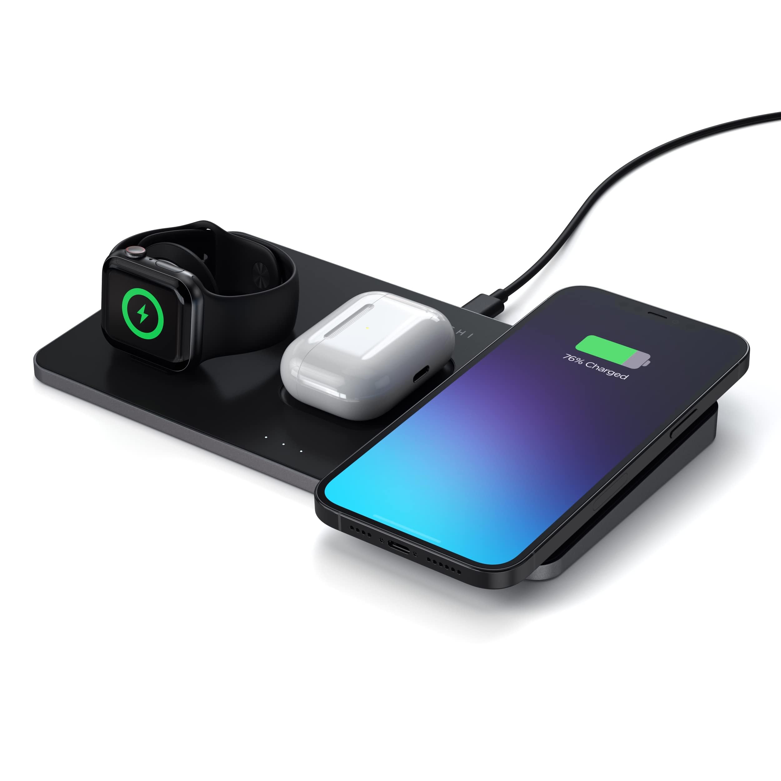 Satechi Trio Wireless Charger with Magnetic Pad, Qi Certified, Compatible with iPhone 16 Pro Max/16 Pro/16/16 Plus, AirPods Pro/Gen 3, Apple Watch Ultra & Series (CT-X3TWCPM)