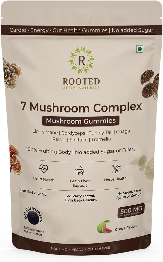 Mushroom Gummies Supplement - Organic - Lion's Mane, Reishi, Cordyceps, Turkey Tail, Tremella, Shitake, Chaga - Immune Defense, Boosts Cognitive Performance, Vegan | 60 Gummies | Sugar Free