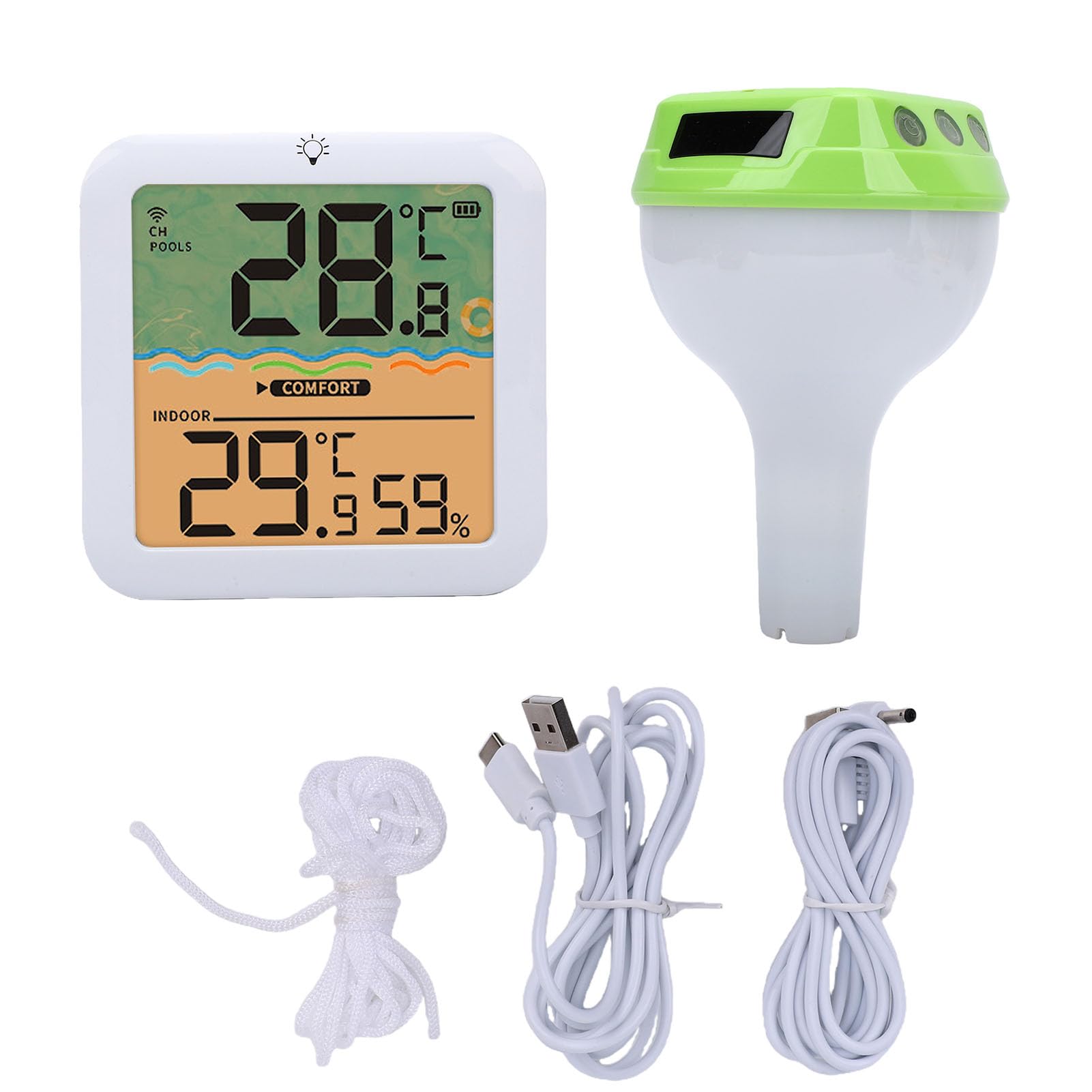 PUSOKEI Solares Digitales Poolthermometer mit Seil, Schwimmendes Kabelloses Poolthermometer mit RGB-Umgebungsbeleuchtung, Extra Großes Display mit Hintergrundbeleuchtung für Einfaches (GREEN)