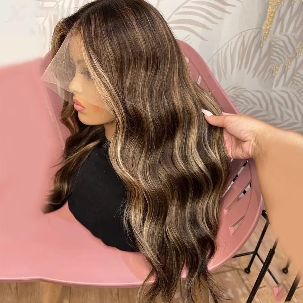 Ombre Colored Loose Wave 13x4 HD Invisible Human Hair Wigs Honey Brown Highlights Brazilian Lace Frontal Wig 427 Body Wave Glueless Lace Front Wig Pre Plucked with Bleached Knots Wear and Go Wig