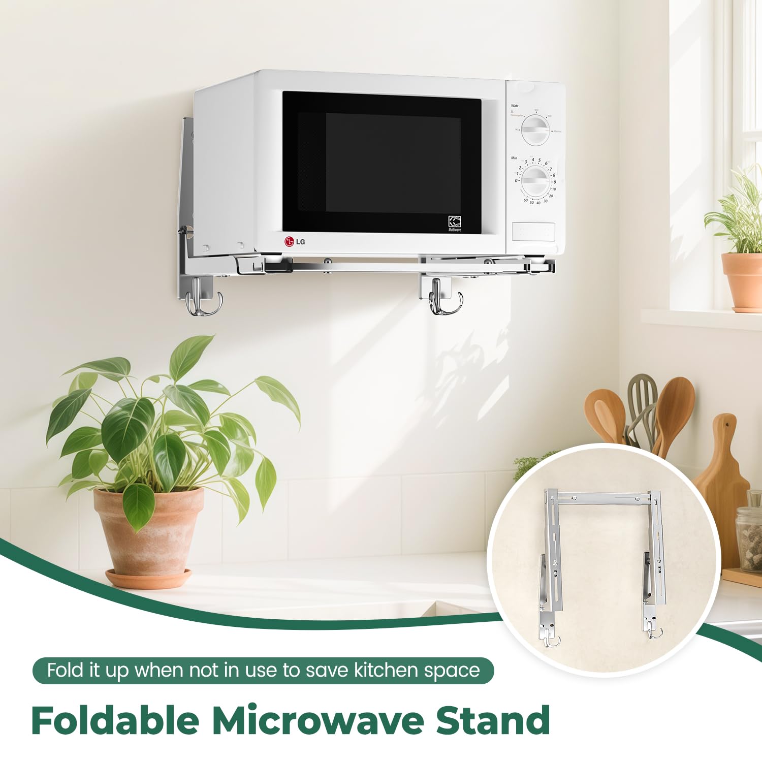 EsLuker.ly Soporte universal de pared para horno de microondas de acero inoxidable con ganchos extraíbles, brazo ajustable plegable para cocina, soporte para horno elástico, carga de 100 libras