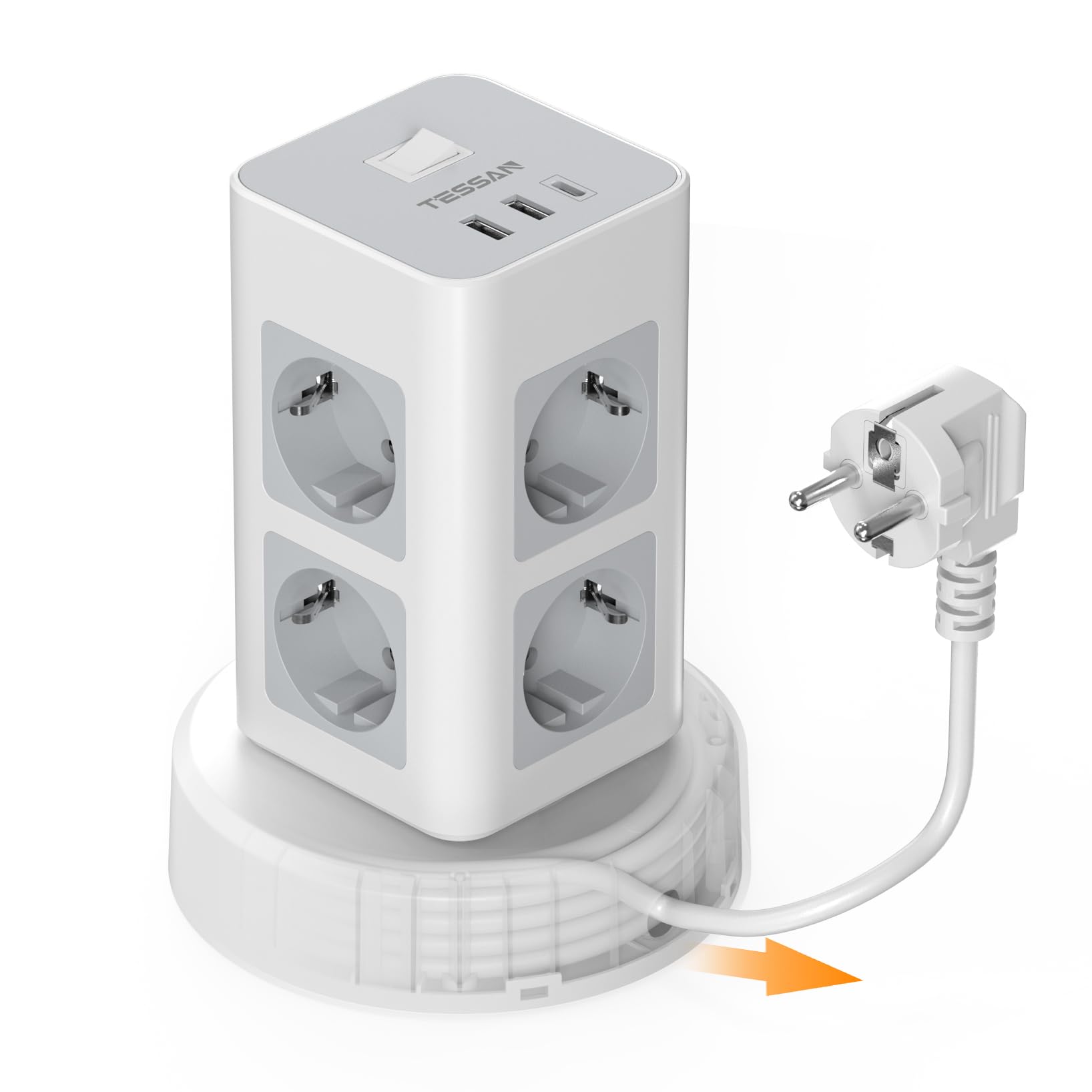 TESSAN Mehrfachsteckdose mit USB C, 8 Fach Steckdosenleiste mit Einziehbares Verlängerungskabel, Mehrfachstecker Steckerleiste mit 2M Extension Cord, Steckdosenturm Verteilersteckdose für Zuhause