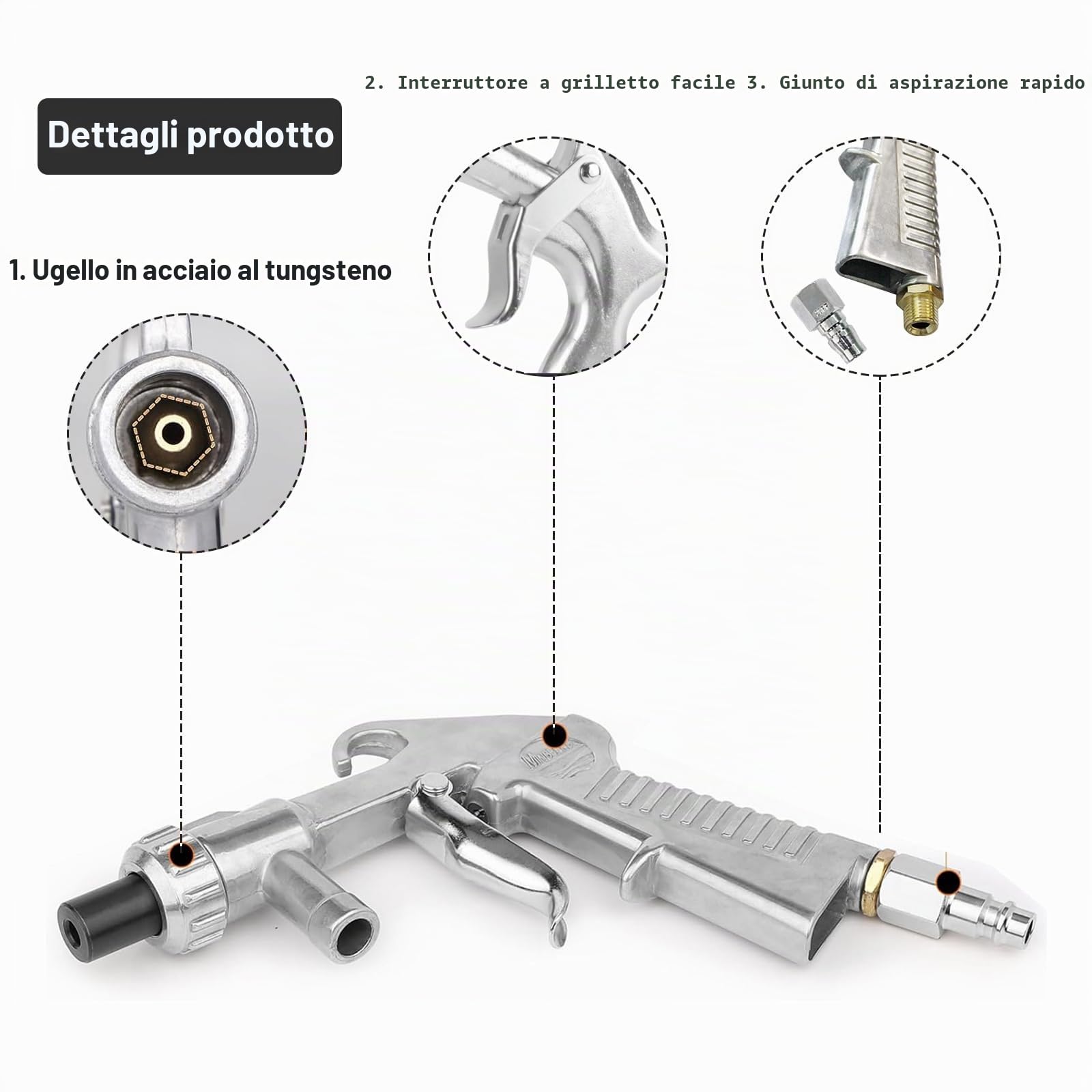 Pistola per sabbiatura ad aria compressa, con ugelli di diverso calibro, pistola sabbiatrice con tubo in gomma da 1 m, accessorio per sabbiatrice per progetti professionali e fai da te