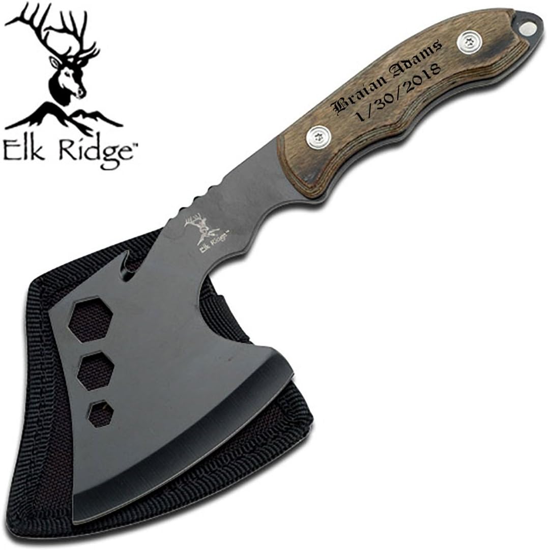 Elk Ridge Personalized Laser Engraved Pocket Axe, Father's Day & Groomsmen Gift, Graduation Gift, Free Engraving, EDC Leather Sheath for Compact Draw Axe (ER-199)