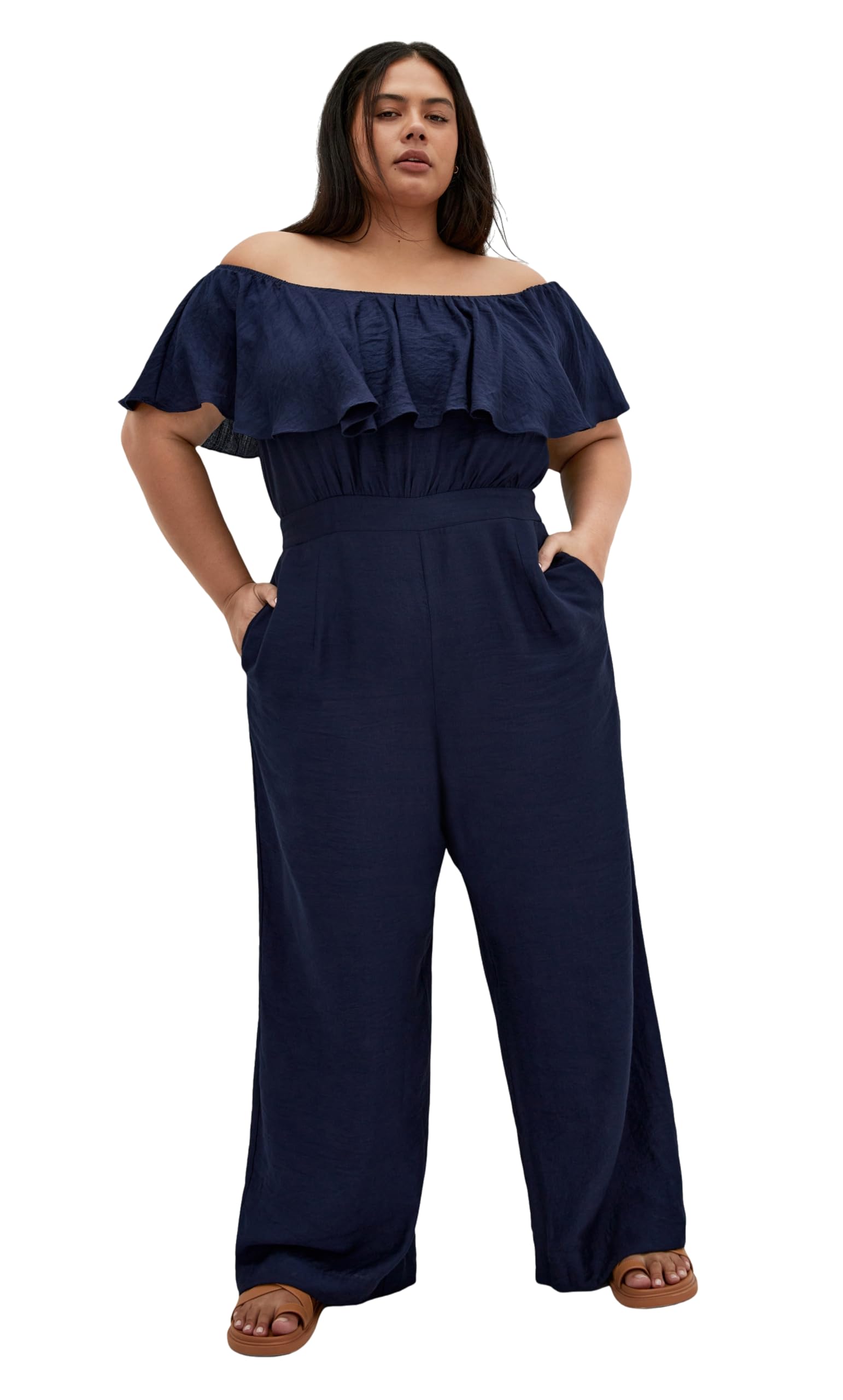 City Chic Women's Plus Size Jumpsuit - Serene Off Shoulder Ruffle, Navy, 22