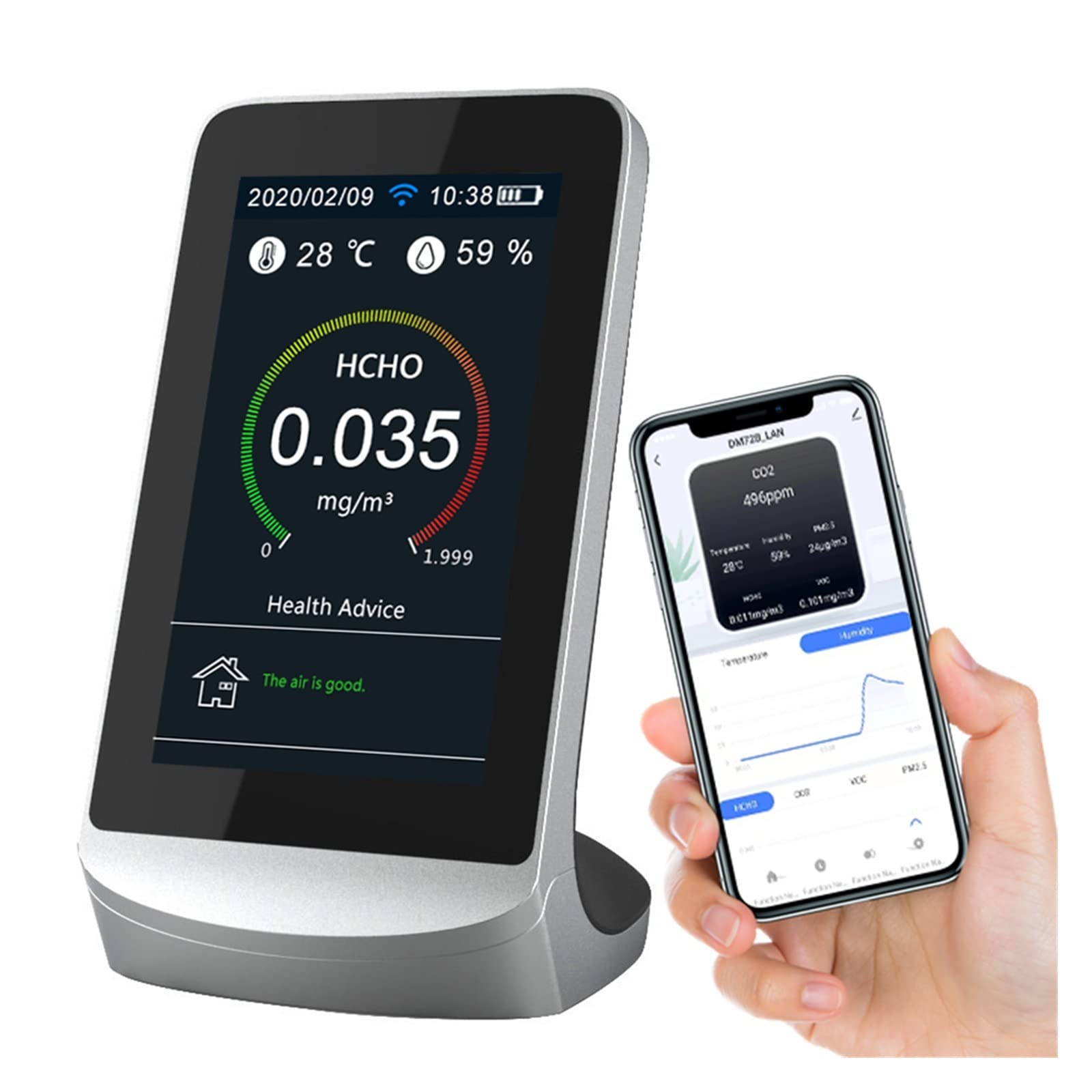 Rilevatore Gas, DM72B Misuratore di monitoraggio della qualità dell'Aria Sensore Trasmissione Dati a TUYA App Rivelatore in Tempo Reale PM2.5 Formaldeide CO2 Gas per Lavoro, Casa