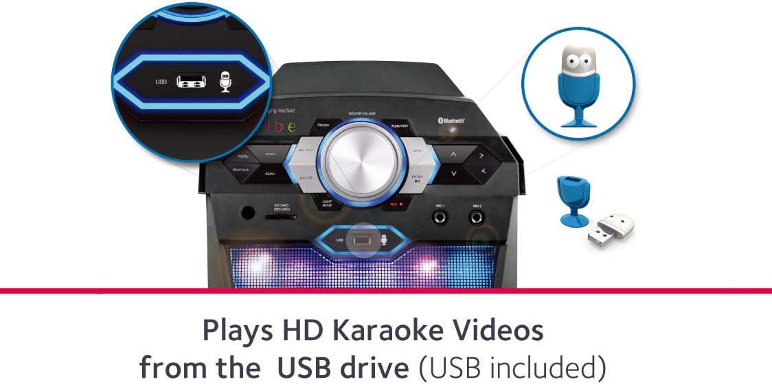 Close-up of the USB port on the Singing Machine VIBE with a USB drive inserted.