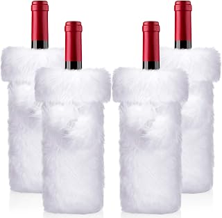 4 Pieces Christmas Wine Bottle Covers Xmas White Faux Fur Plush Wine Bottle Bags for Winter Holiday Party Dinner Decorations