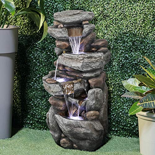 SunJet 5-Tier Outdoor Water Fountain with LED Lights - 40in Rock Water Fountain for Home Garden, Yard, Patio, Deck Decor - Soothing Tranquility Floor-Standing Fountain - Thumbnail 6