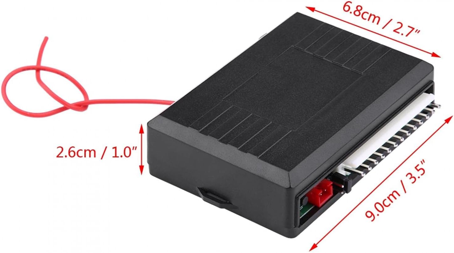 Dimensions of the Acouto Keyless Entry System control box, showing length, width, and height measurements.