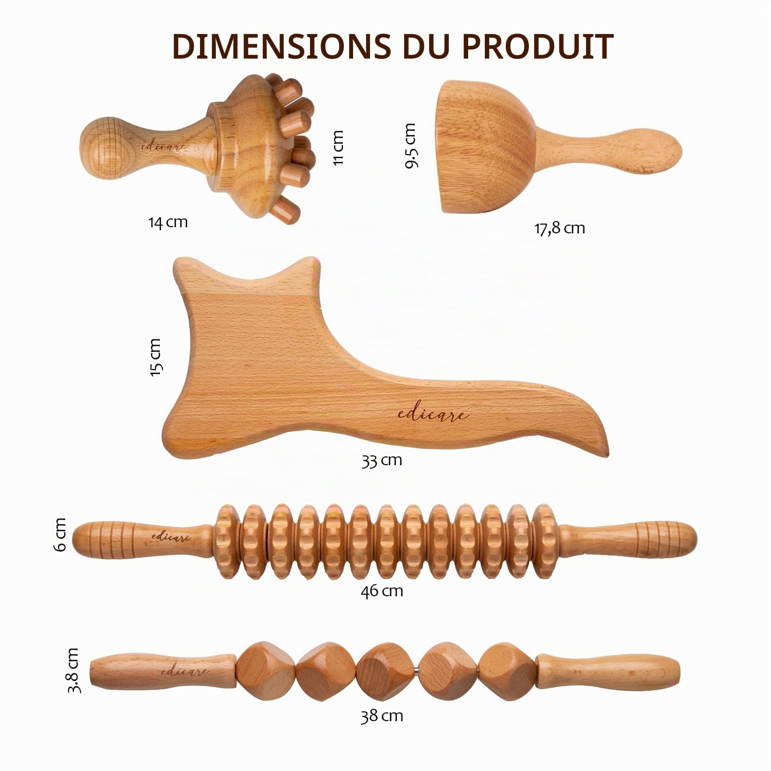 Edicare, Maderotherapie, Anti Cellulite, Rouleau de Massage ou Kit 5 Pièces, Bois, Tableau, Coupe, Dos, Jambes, Musculaire, Corps, Esthétique (Kit 5 Pièces)