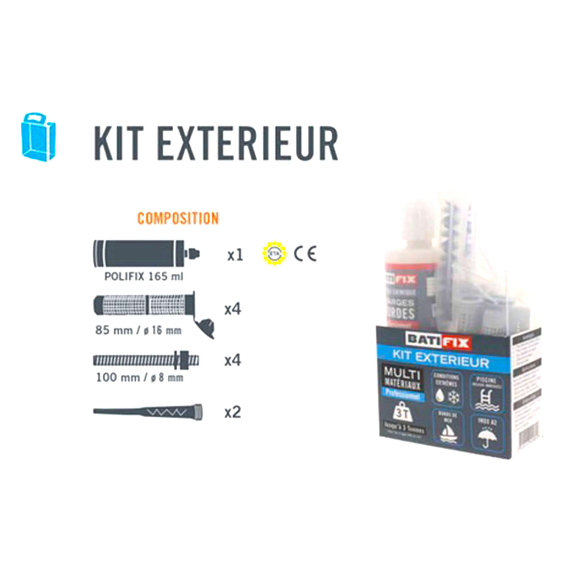 Kit scellement chimique Exterieur 165ML - 4 tamis 16X85-4 tiges filetées 8X110 Inox A2-4 écrous - 2 canules mélangeuses