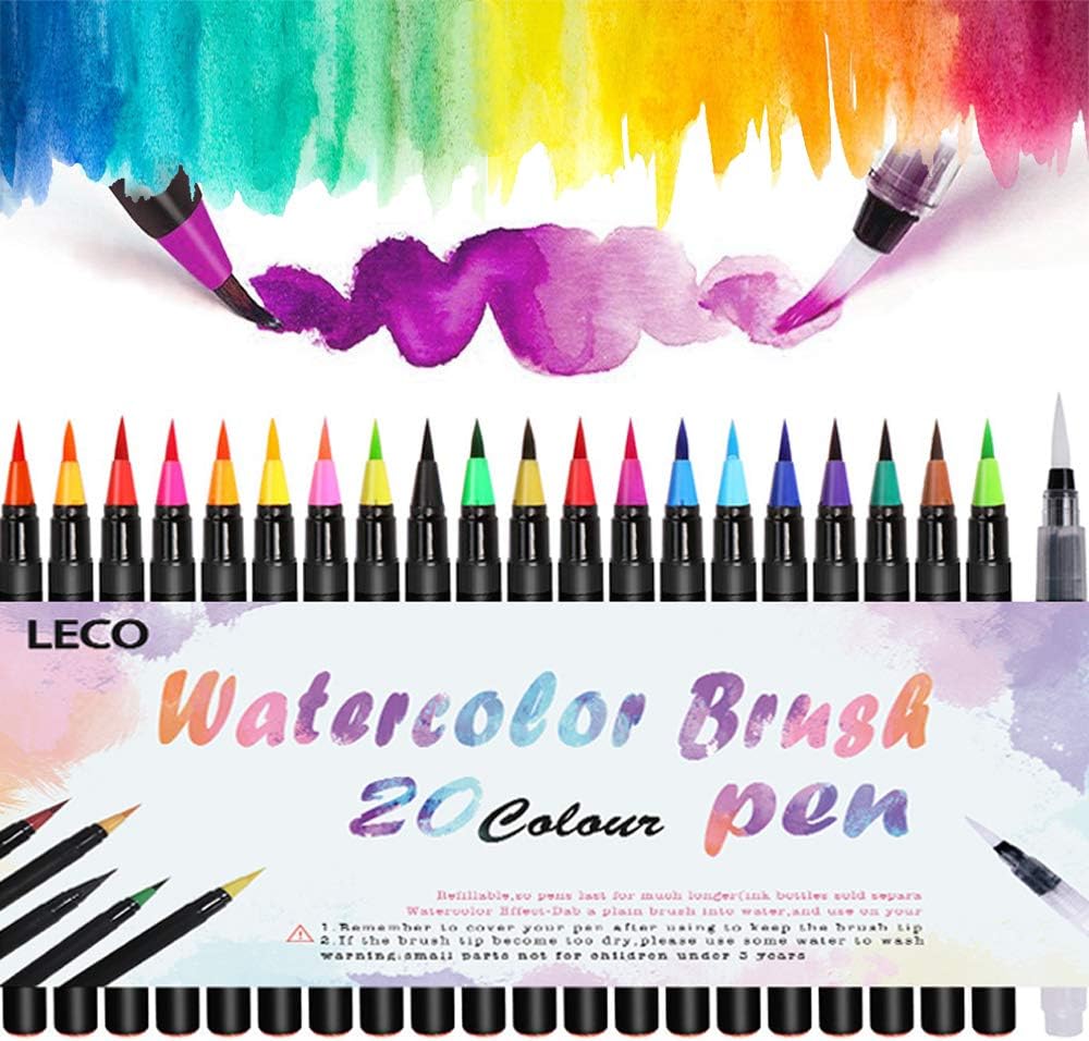 Leco Refillable Watercolour Real Nylon Tips Brush Pen Set of 20 Color+ for Calligraphy, Bullet Journal, Colouring, Manga, Comic, Travel Use