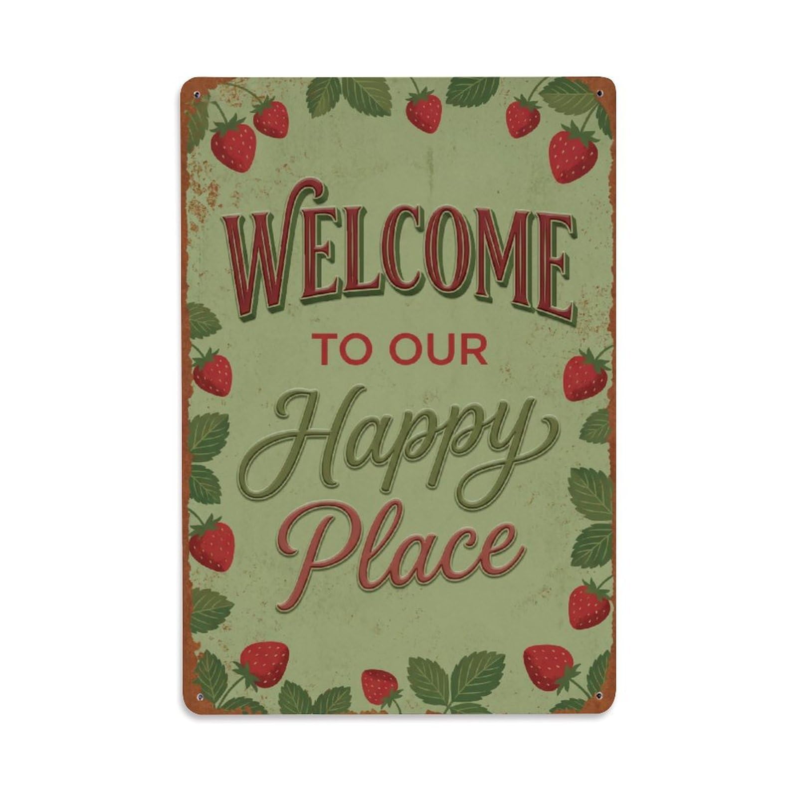 Okngb Style Tayberry Fruit Welcome Happy Place Leafy Border Gate Metal Tin Sign Plaque Wall Decor For Cafe, Man Cave, Club Bar, Office, Home Garden Round Metal Poster 8X12inch