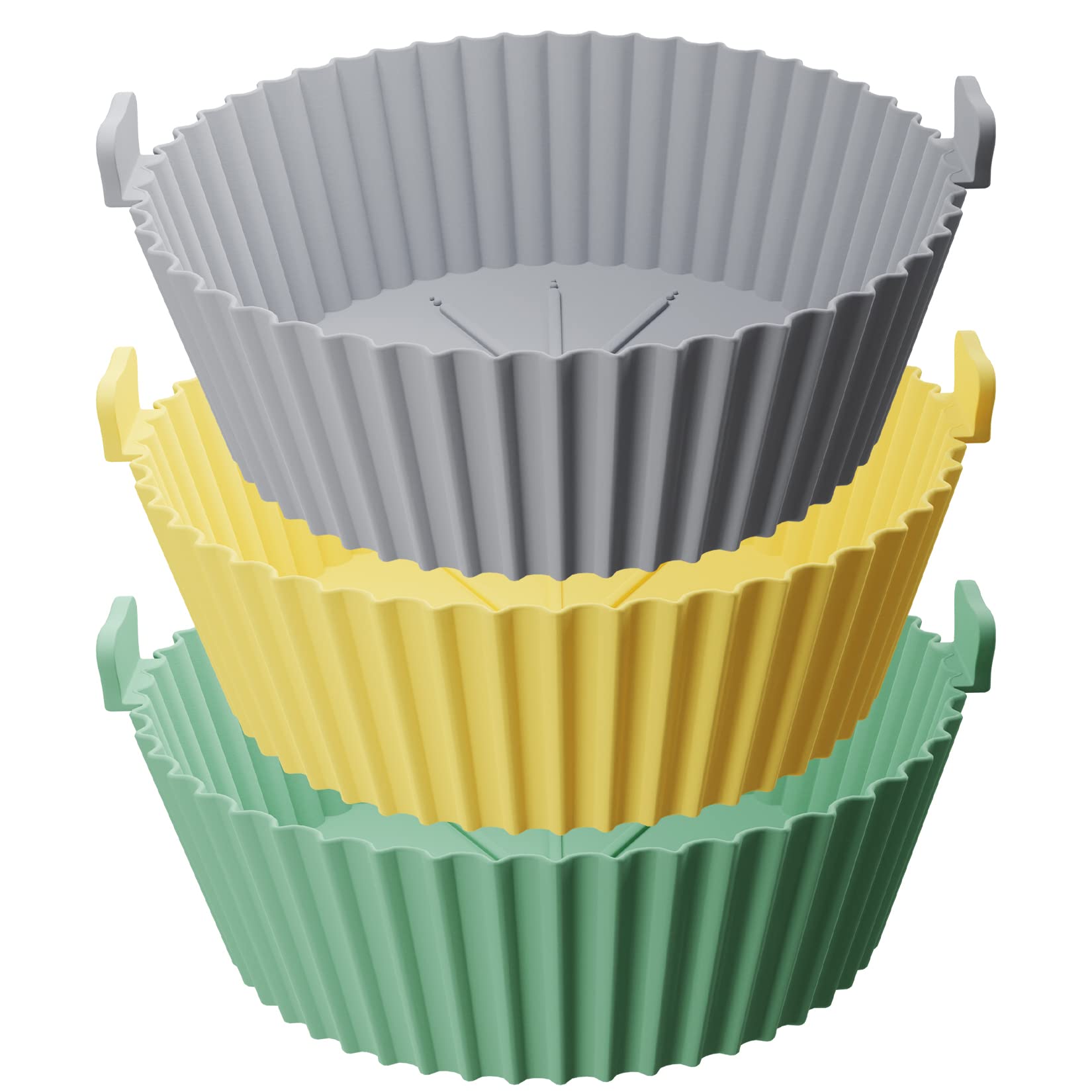 Reusable Silicone Air Fryer Liners Nidhya 3-Pack - 8 Inch, Heat Resistant, Food Safe Oven Accessories, Easy Cleaning Reusable Air Fryer Silicone Basket, Fits for 3QT-5QT (Grey+Yellow+Green)