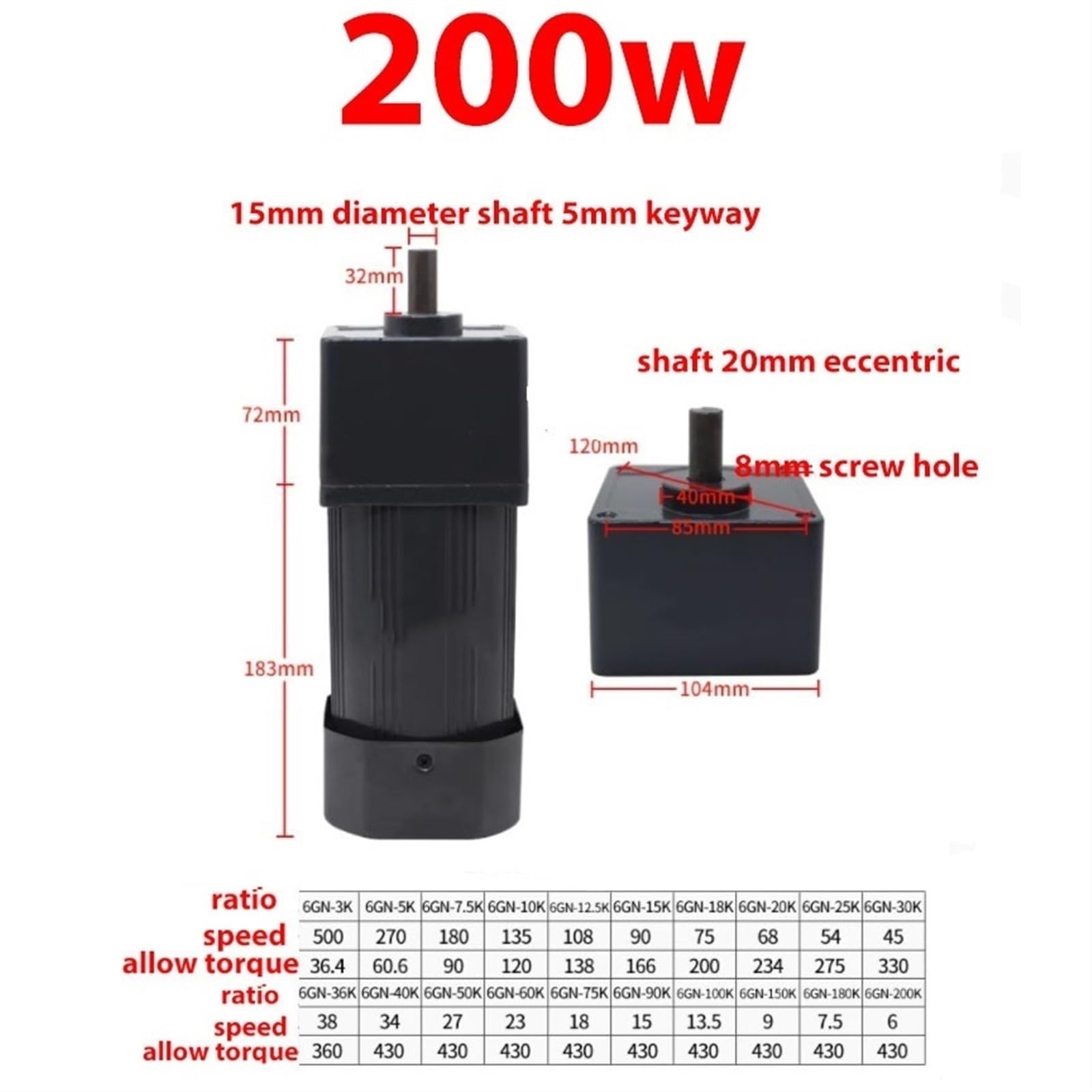 Getriebemotor 1 Stück 200 W 220 V AC Einphasiger, drehzahlverstellbarer Motor 6IK200RGN-C 104 x 104 mm Rahmen Drehzahlregelung Getriebemotor 15 mm Welle Variabler(150K 9RPM)