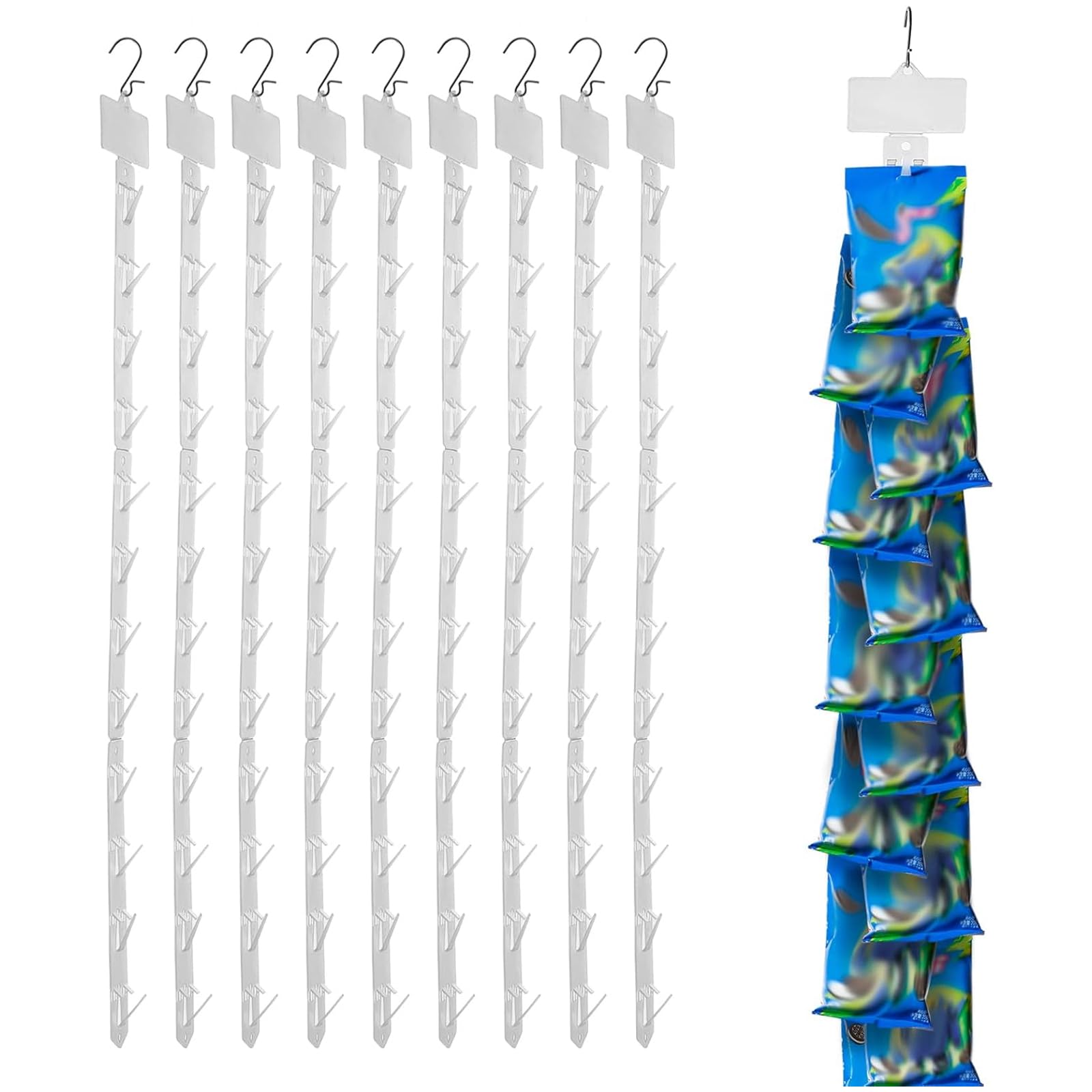 10PCS Snack Rack, Clear PP Hanging Merchandise Display Strips with 12 Stations, Multifunctional Retail Display Stand for Snacks, Chips & Vendor Booths