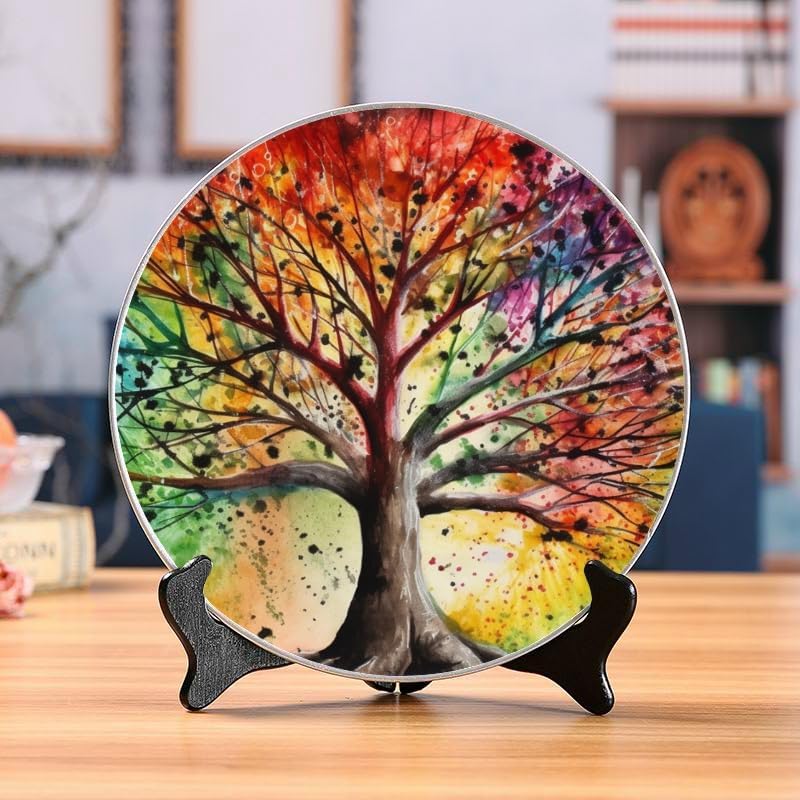 Tie-dye Rainbow Tree 10-inch Ceramic Plate for Wall Display or Tabletop, with Stand & Hook DP-490805713