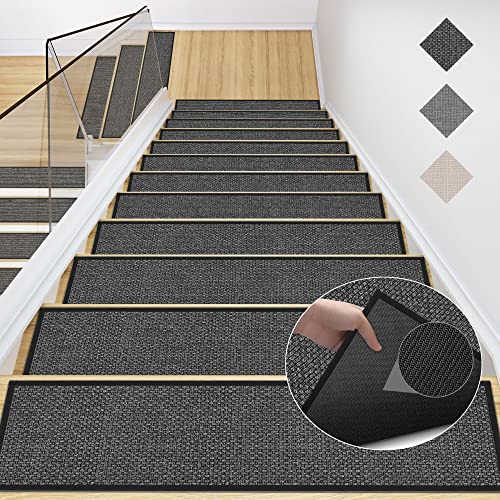 Jute Stair Carpet Treads Non Slip With Rubber Backed,15Pcs Black Stair Mats Stair Protectors For Carpeted Stairs, Easy Clean Indoor Basement Safety Stick On Stair Treads Carpet, 30"X8" #TOP30