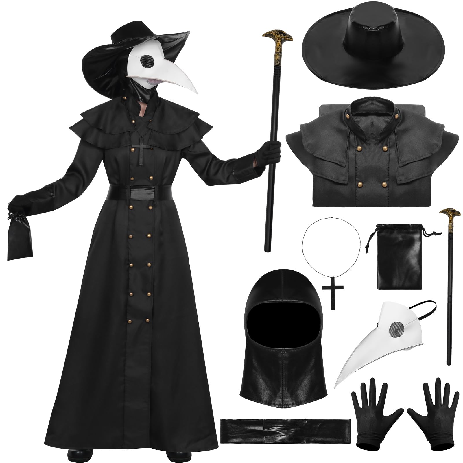 Matreeglam Plague Doctor Costume Adult, Wizard Hooded Cloak with Mask, Priest Robe, Medieval Cosplay Costumes for Halloween (White, XL)