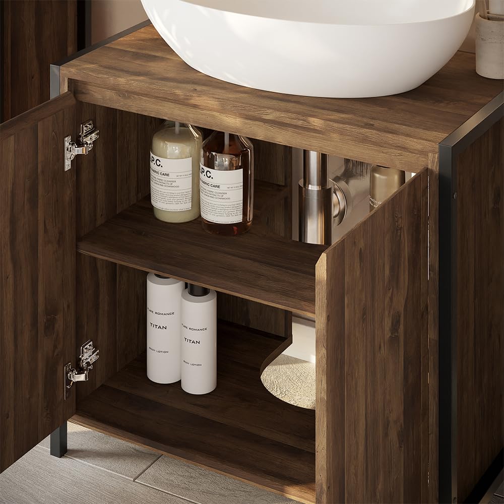 Vicco Mobile sottolavabo per bagno Naola, Quercia/nero, 70 x 65 cm | con 2 scomparti chiusi, per la conservazione di articoli da bagno e asciugamani