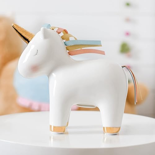 Miniatura 2 de Baby Aspen Hucha de unicornio de porcelana de cerámica, decoración de habitación de bebé y banco de monedas, dorado, blanco, rosa