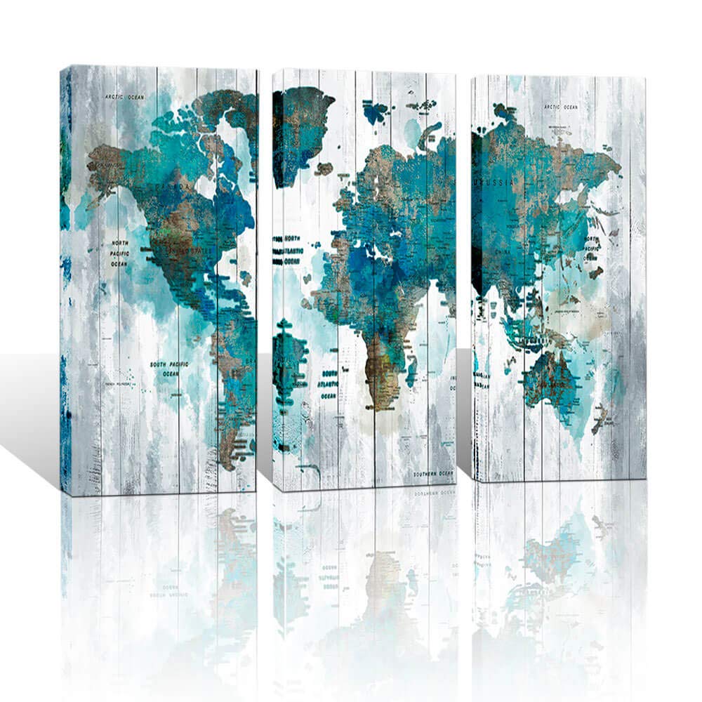 Large Canvas Wall Art Abstract World Map Art for Living Room Modern Framed Wall Decoration Green Watercolor World Map Pictures Artwork Ready to Hang for Home Bedroom Office Size 16x32 inch Each Panel