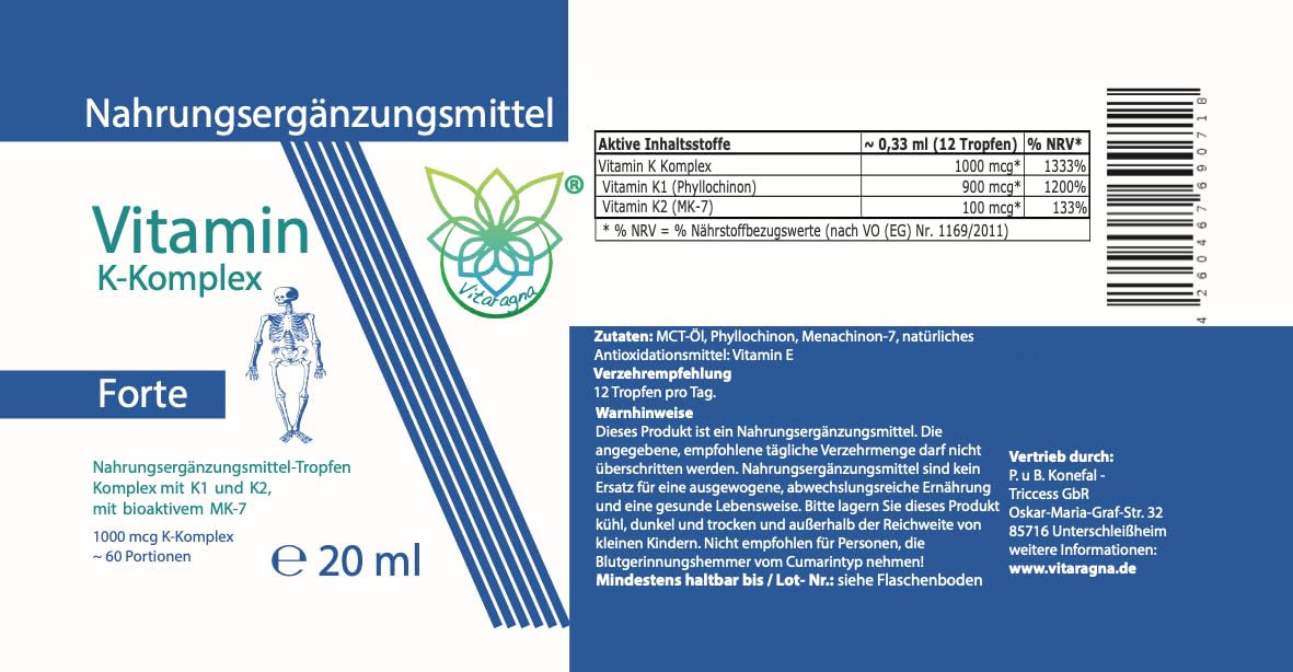 Vitamin K2 Forte Tropfen flüssig, K1 und K2 K-Komplex - Menaquinon MK7, hochdosiertes Liquid in MCT-Öl gelöst und bioaktiver MK-7-Form, 20 ml