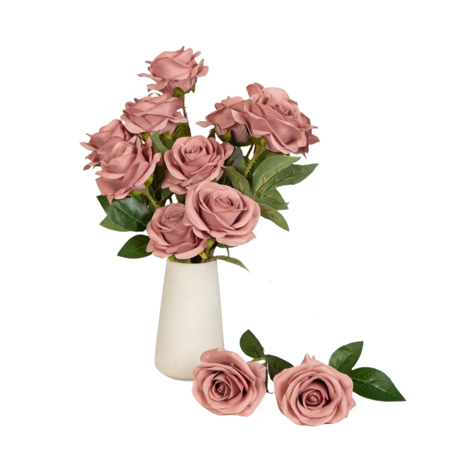 DuHouse 10Pcs Artificial Roses Fake Silk Flowers Realistic Bridal Bouquets with Single Long Plastic Stems for Arrangement Wedding Table Centerpiece Party Home Decor(Dusty Rose)