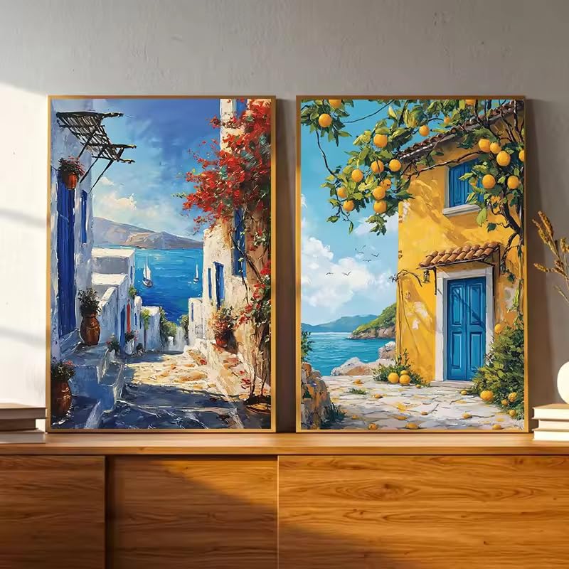 LTjiajuypd Leinwanddrucke, Kunstgemälde, griechisches Dorf an der Küste, Zitronenbaum, Meer, Boot, Landschaft, Wandbild, Heimdekoration (60 x 85 cm - 2 Stück)