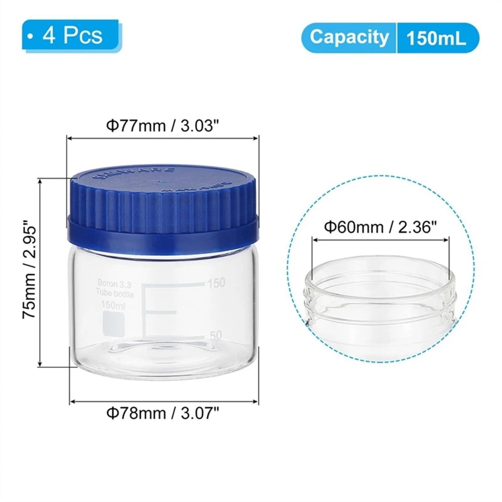 Frasco de vidrio para reactivos de laboratorio, Frascos de reactivos graduados de vidrio de borosilicato, 150 ml/250 ml/500 ml, tapón de rosca GL32, azul, paquete de 4(Blue 500ml)